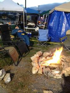 A "shut eye" between stints.  A fire kept us warm and a Weber kept us fed.